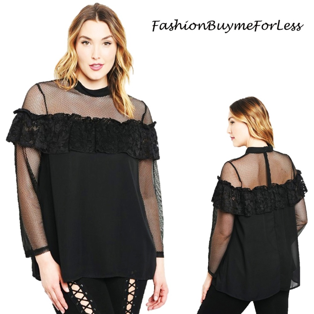 PLUS Black Victorian Gothic Lace Trim Chiffon Top